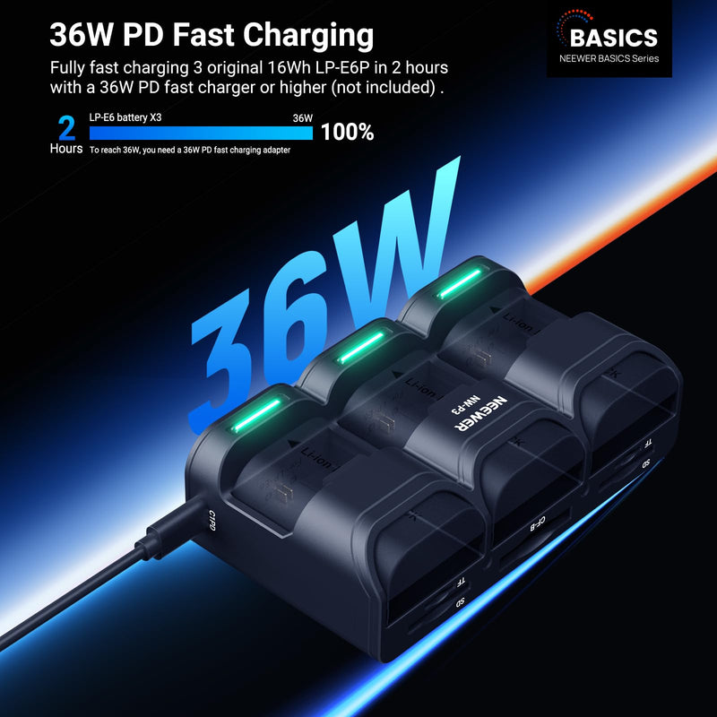 NEEWER BASICS 3 Channel USB Camera Battery Charger for LP-E6 LP-E6N LP-E6NH LP-E6P, 36W PD Fast Charging Fully Charges 3 Batteries in 2h, Compatible with Canon EOS R6 III R5 II R6II R5 R6 5D IV, NW-P3
