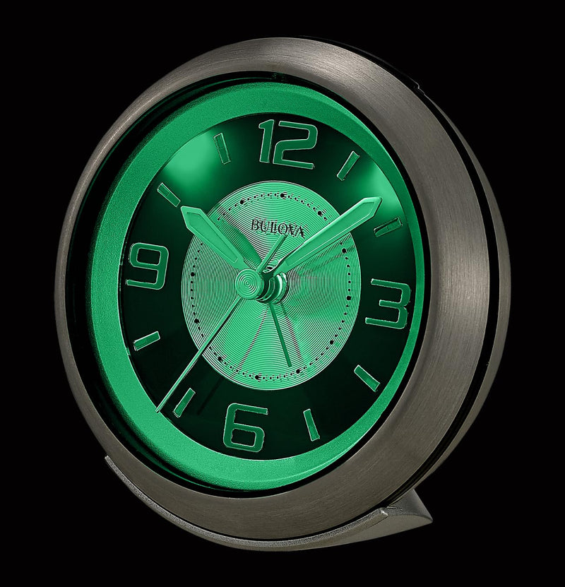 Bulova - 3.75" W x 3.75" H B5027 Lite Night Alarm Clock | Brushed Silver-Tone Case | Illuminated Dial | Luminous Hands | Quiet Sweep | Snooze Function
