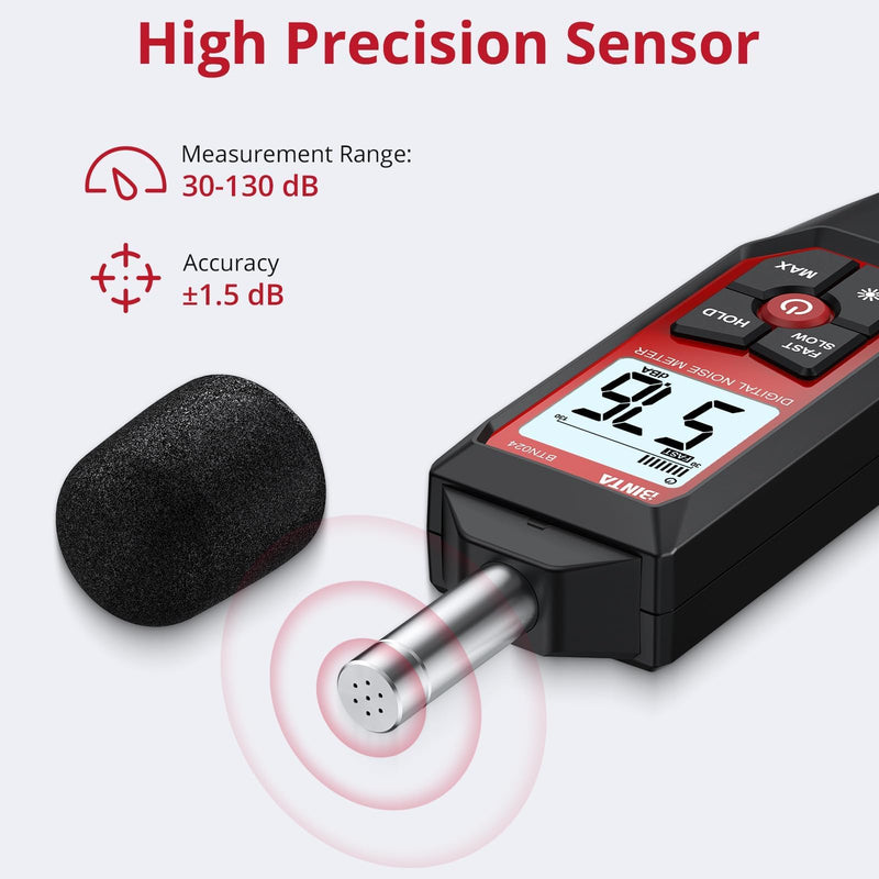 BTNTA Decibel Meter, Digital Sound Level Meter 30-130dB A-Weighted, Portable SPL Tester with Backlit LCD Screen, Noise Decibel Reader MAX Data Hold Audio Power Off for Home Office Factory Neighbors