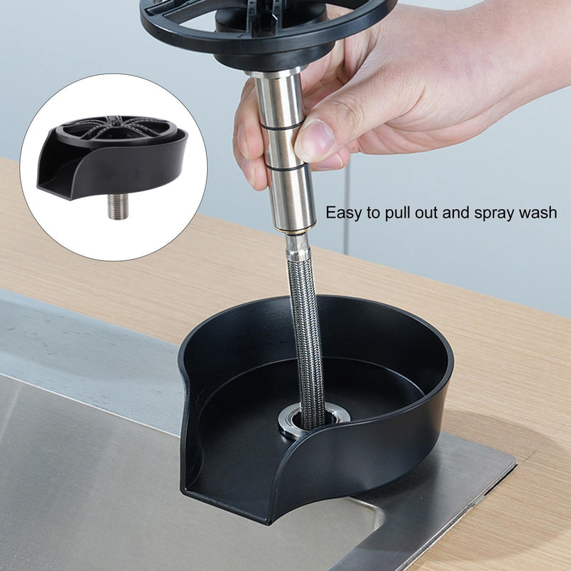 POCREATION Automatic Glass Washer Cup Rinser, 360 Degree Rotating Spout Sink Accessory Stainless Steel Bottle Washer for Bottles, Cups, Utensils Black ABS Basin (US 9/16 Hose)