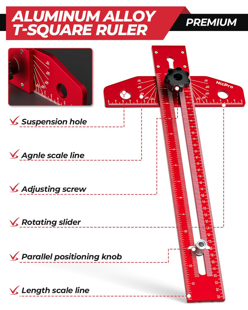 Nicpro Woodworking Scriber Marking Line Ruler, Adjustable Aluminum Alloy Sliding T-Square Ruler with Carpenter Pencil, Angle Adjustment Scale, Precision Line Drawing aid Ruler Tools for Woodworking