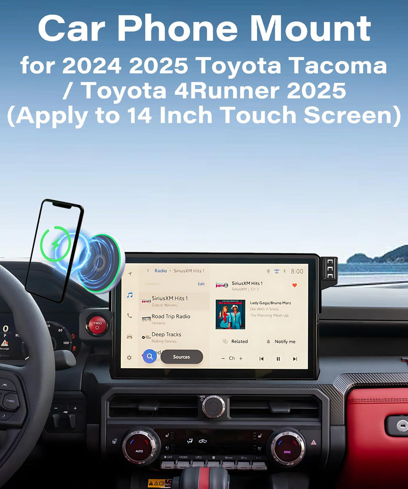 Car Phone Holder for Toyota Tacoma 2024 2025 /Toyota 4Runner 2025 Accessories Apply to 14 Inch Touchscreen 15W Fast Wireless Charger Screen Fixed Clip Cell Phone Mount 360 Degree Rotation
