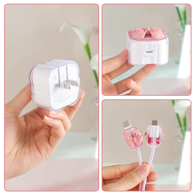 LONGFITE Charger Case Cover Compatible with iPhone 40W USB-C Adapter, Cute Pink Bowknot Charger Cable Protector Accessories Set for iPhone 17/16/15 Pro/Max,MacBook Air 13/13.6/15