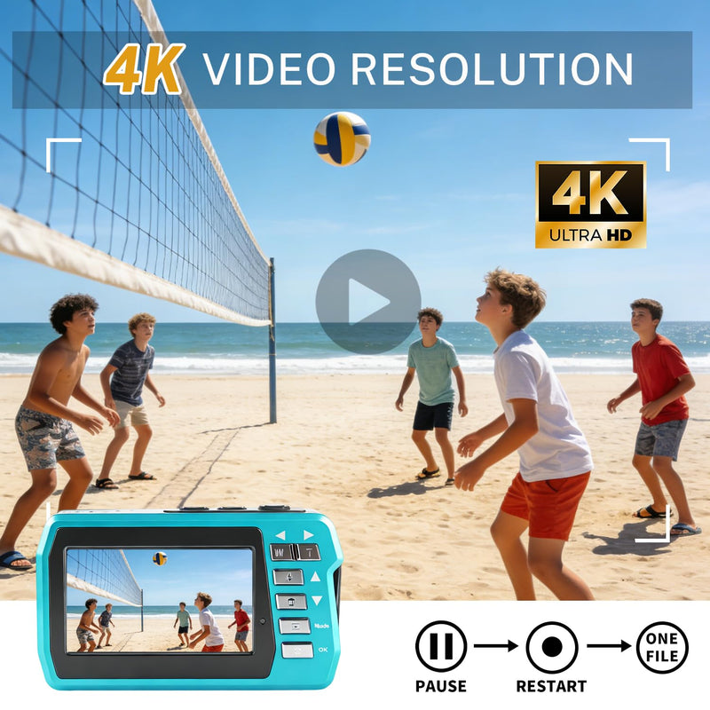 Underwater Camera 4K 48MP, Dual-Screen Waterproof Digital Camera, 10.83FT Dive for Swimming Travel, 16X Zoom Fill Light, 32GB Card, Blue
