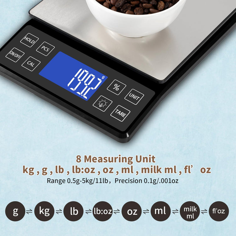 Digital Kitchen Scale with 0.1g/0.001oz High Precision, 5kg/11lb Food Bakery Scale with% Percentage Function, Tare Function, USB Rechargeable or AAA Battery Power, Stainless Steel Pan Black