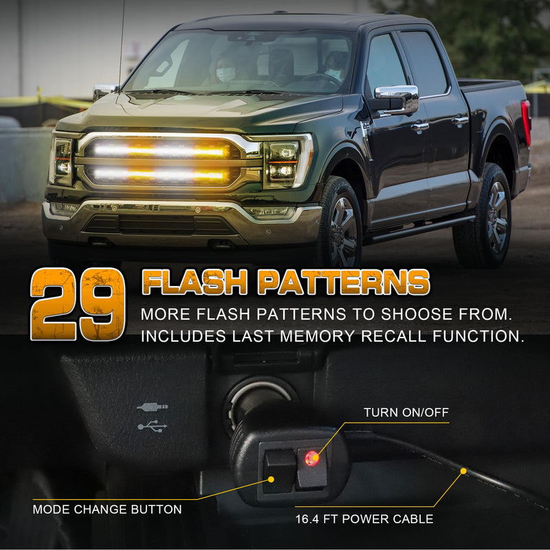 XRIDONSEN 2PCS 24 inch Truck Grill Strobe Lights Strip 288 LED Emergency Tailgate/Rear window/Grille Lights Amber White Flashing Warning Caution Safety Lights for Tow Plow Trucks Construction Vehicles Amber/White