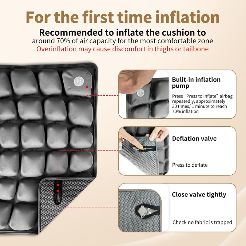Air Inflatable Travel Seat Cushion with Built-in Pump & Carry Bag– Portable & Adjustable for Airplane, Car, Office – Coccyx, Sciatica & Tailbone Pain Relief (Gray) Gray Cushion With Silver Storage Bag