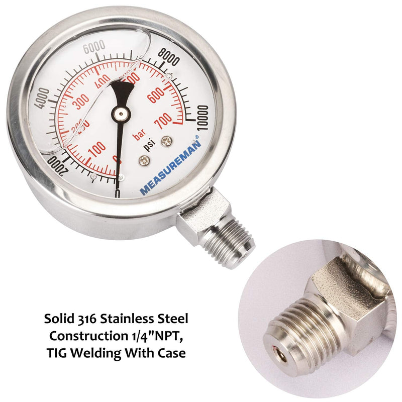 MEASUREMAN 2-1/2" dial,Glycerin Filled Hydraulics Pressure Gauge Stainless Steel case, 316 SS Wetted Part, 0-10000psi/bar1/4 NPT,Lower Mount 0-10000 psi Lower Mount(100% Stainless Steel)
