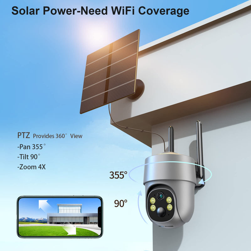 Solar Security Cameras Wireless Outdoor, Mulit-Functional Home Security WiFi Camera with PIR Motion Detection & Floodlight, Weatherproof for Garden Front/Back Yard (2.4G WiFi Camera Grey)