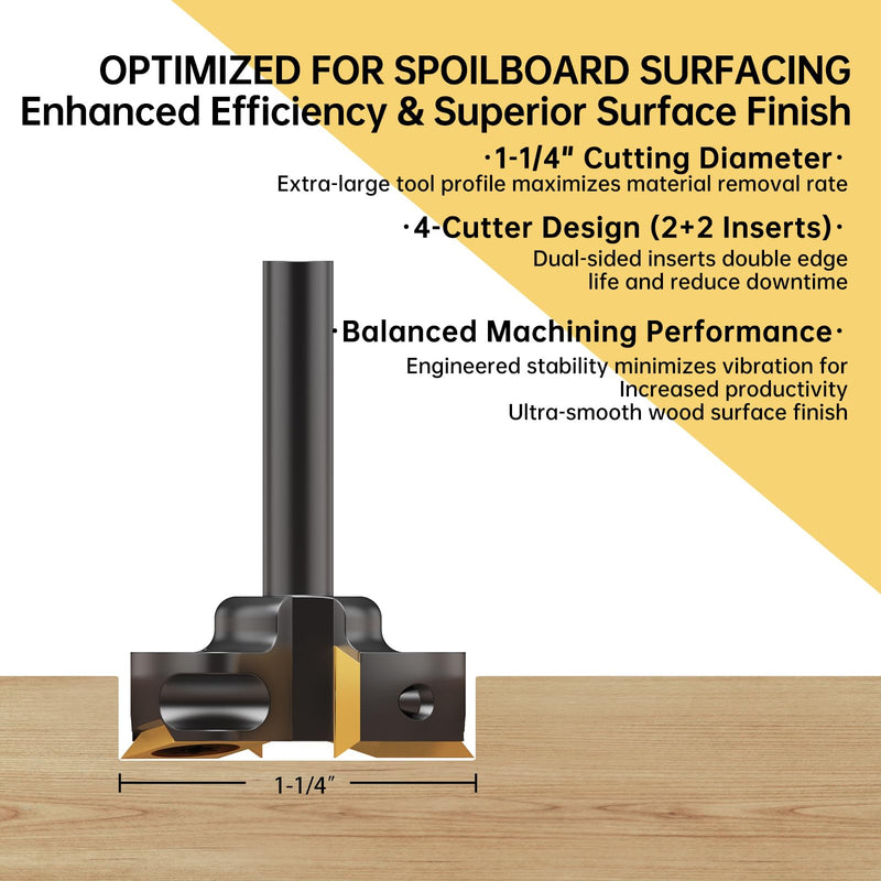 Slab Flattening Router Bit 1/4" Shank,1-3/8" Cutting Diameter,1/2" to 1/4" Router Collet, Insert Carbide CNC Spoilboard Surfacing Planing Woodworking & MDF Surfacing