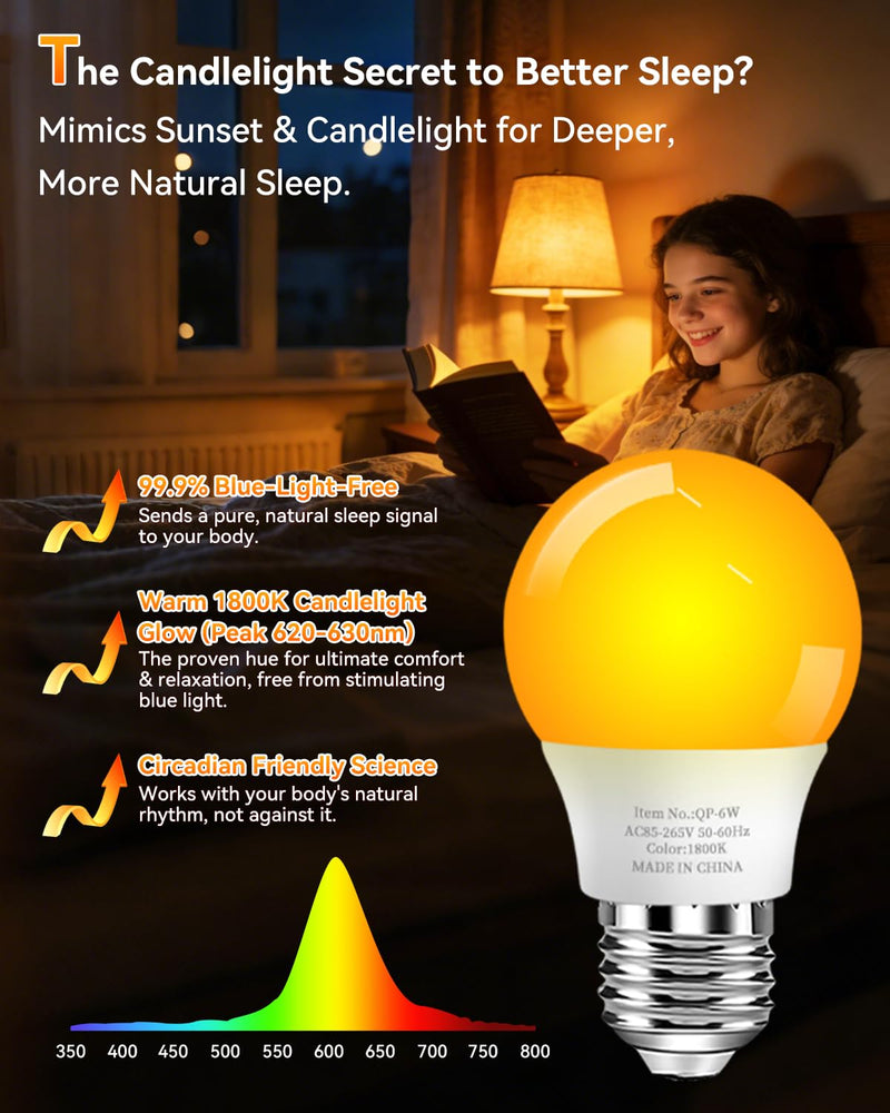 Neporal 1800K Amber Sleep Light Bulbs 8PK, 99.96% Blue Blocking Soft Warm Light Bulbs for Melatonin Promoting, A15 6W 40W Equivalent Amber Night Light E26 for Bedroom, Baby Nursery, Reading 8