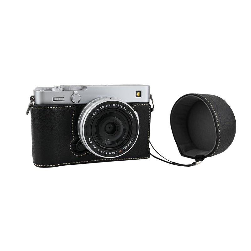 X-E5 Case, Handmade PU Leather Half Camera Case Bag Cover Bottom Opening Version for Fujifilm X-E5 XE5 With Neck Strap Lens Cover (Black) Black