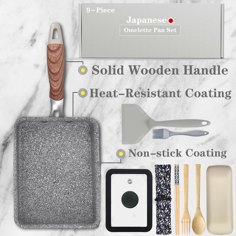 9Pcs Tamagoyaki Pan Set, Japanese Omelette Pan Nonstick with Lid, Square Japanese Egg Skillet Rectangle 7"x5" Grey Gray