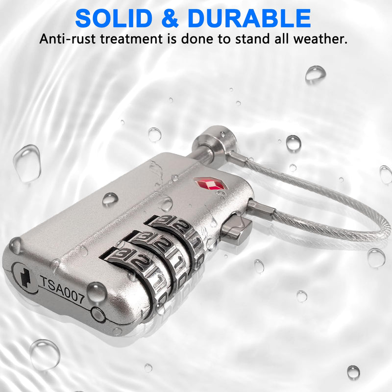 LAFENLIN TSA Cable Lock 2-Pack for Gun Cases, Adjustable Handle, Silver | TSA-approved Locks with Adjustable Alloy Handle for Hard Cases (No Key). 3-dial Combo, Cut-resistant, Weatherproof. Silver Silver - 2 Pack