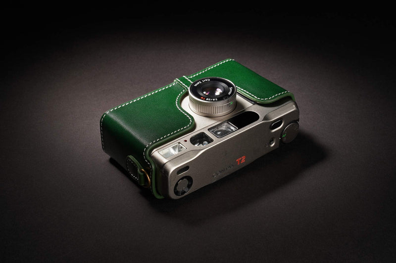 Contax T2 Case, BolinUS Handmade Genuine Real Leather Half Camera Case Bag Cover for Contax T2 Camera With Hand Strap (Green) Green