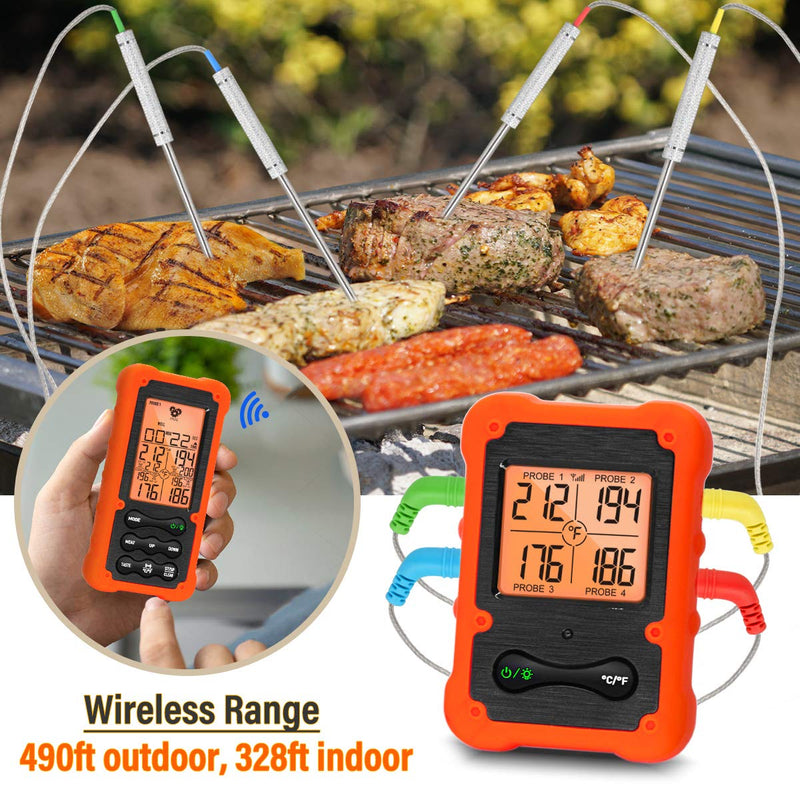 Grill Smoker BBQ Cooking Food Thermometer Oven Safe - Digital Wireless Meat Thermometer for Grilling Smoking with 4 Probes - Kitchen Baking Steak Turkey Candy Thermometers, not for Medical Purposes Orange