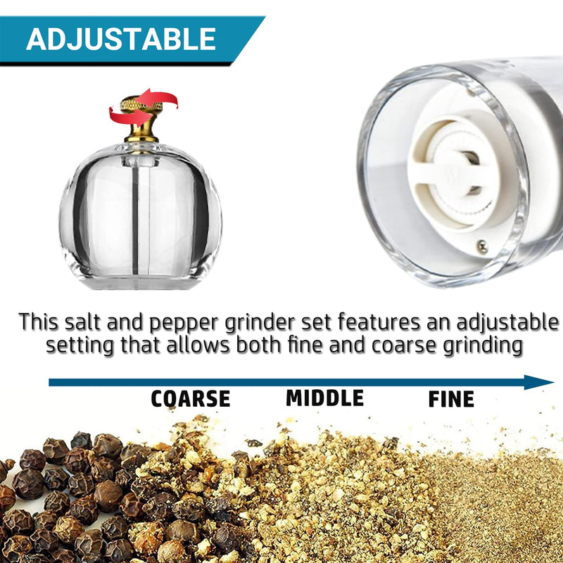 Salt and Pepper Grinder Set, Pepper Mills Classic Manual Transparent Acrylic Rotor, 2PCS 8IN Large Capacity Pepper & Salt Grinder Seasoning Bottle, Ceramic Core Adjustable Coarseness for Fresh Spices Acrylique transparent