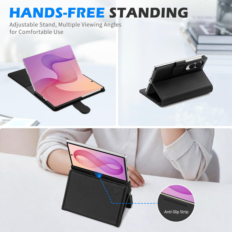 SHIELDON Genuine Leather Wallet Case for Galaxy Z Fold 8 (7.6" 2026), Black | Magnetic Closure, RFID Blocking, Credit Card Holder, Kickstand, Folio Design, Full Protection, Shockproof Phone Cover