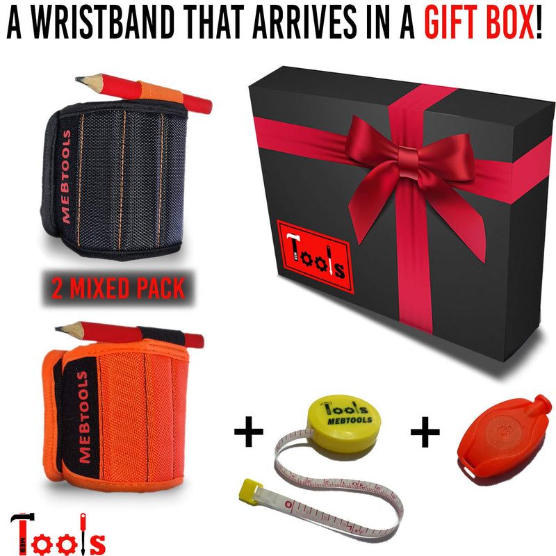2 Magnetic Wristbands with Flashlight and Tape Measure – Screw, Drill Bit, and Nail Holder with 20 Strong Magnet Pieces Increases Convenience for DIY, Carpenters, Mechanics, and More by MEBTOOLS Adjustable Orange+black