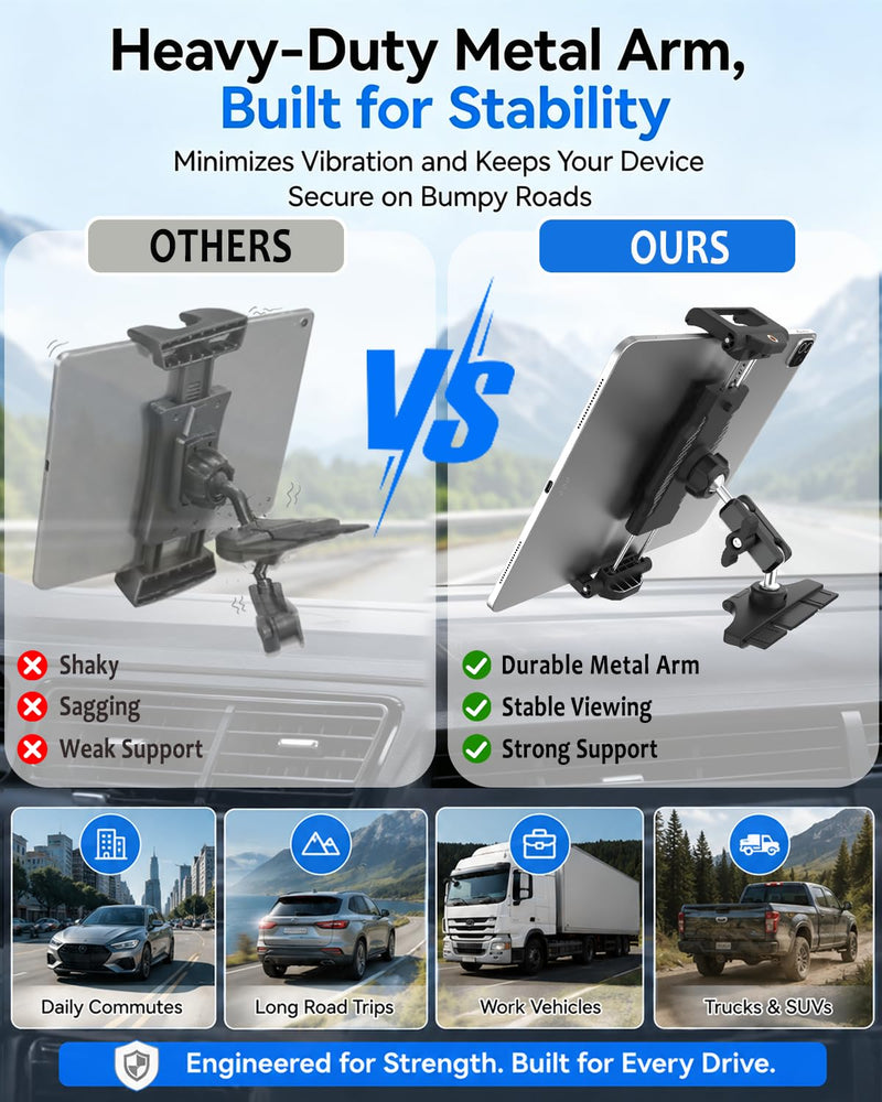 Metal Arm Car CD Tablet Holder, Sturdy CD Slot Car Tablet Mount | 360° Rotating Metal Arm, Thick Case Friendly, Anti-Slip Rubber Mat, Compatible with 6"-15.6" Large iPad Pro/Air/Mini & Phones