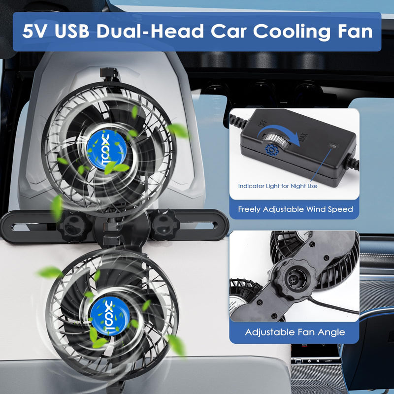 XOOL USB Dual Head Backseat Car Fan – 360° Rotatable Rear Seat Air Circulator with Stepless Speed & Adjustable Clip for Kids in SUV, Truck, RV USB Dual Fan - Rear (Stepless)