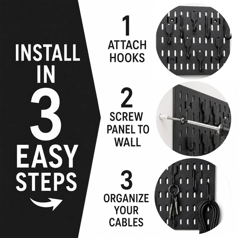 Musiin Modular Guitar Cable Organizer Panel with Removable Hooks Cable Storage Rack for Audio Cables XLR Wire Cords Studio Desk Organization Rack(Black)