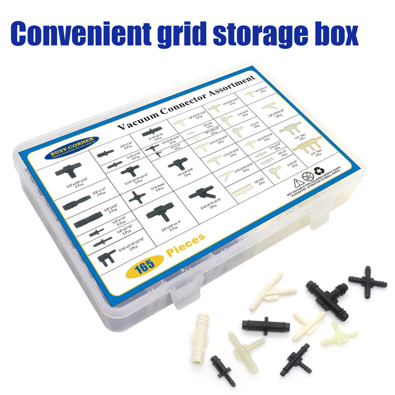 34 Size 165 PCS Automotive Vacuum Tubing Connector Vacuum Tee Connector Assortment Kit 1/8" 3/16" 1/4" 5/16" 3/8"