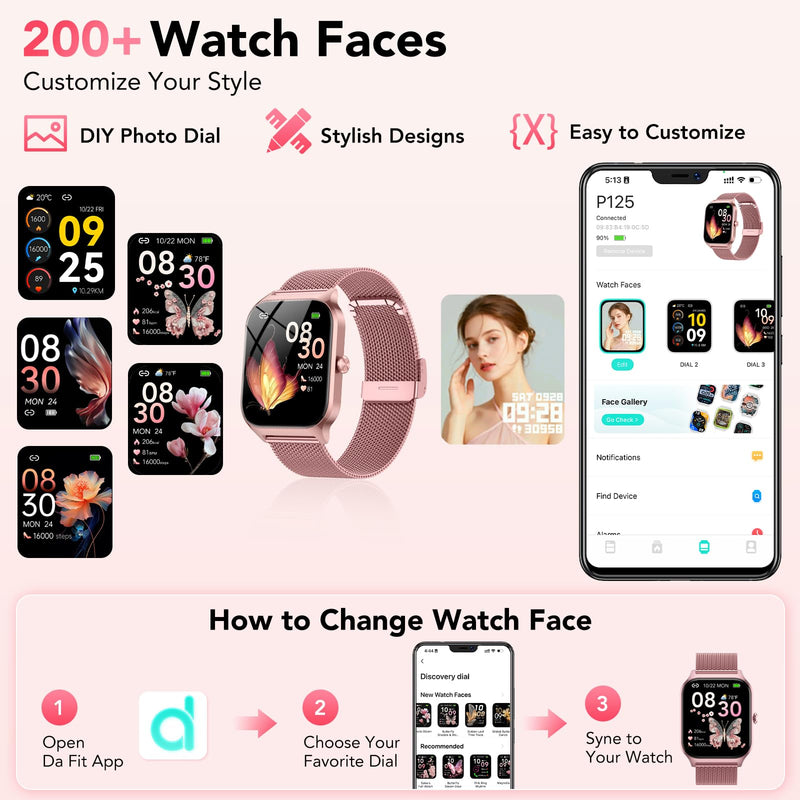 Smart Watch for Women, Answer/Make Call/AI Voice,1.85" HD Smartwatch Compatible for iPhone/Samsung/Android,120+Sport Modes Fitness Tracker with Heart Rate/Sleep Monitor, IP68Waterproof (2 Bands) Rose