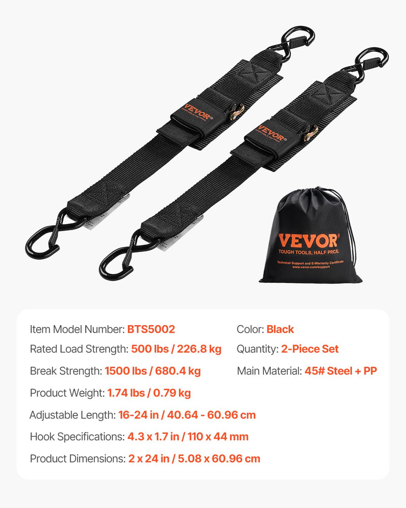 VEVOR Boat Trailer Transom Straps (2PK), 2’’ x 24’’ Adjustable Boat Straps 1,500lb Break Strength with Security Lock S Hooks and Boat Pads, Transom Tiedowns for Trailer, Boat or Kayak Secure