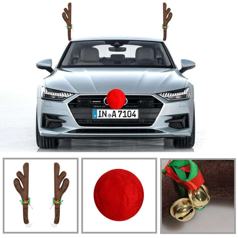 Car Christmas Decoration, Car Reindeer Antlers and Nose Set, Brown Christmas Reindeer Car Costume Christmas Antlers for Truck SUV Car Decor,Xmas Gift Set