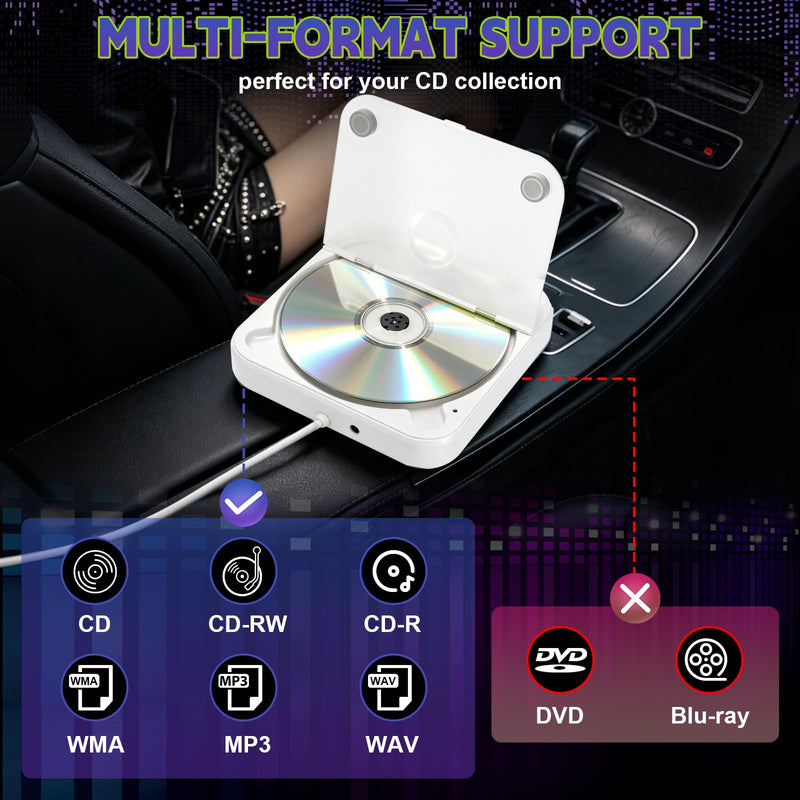 Portable CD Player for Car, External Car CD Player with USB/AUX Port | Plug & Play CD Player for Car, Anti-Skip, Shockproof, USB & AUX Compatible, Works with Car Stereo/Laptop/Desktop/TV White