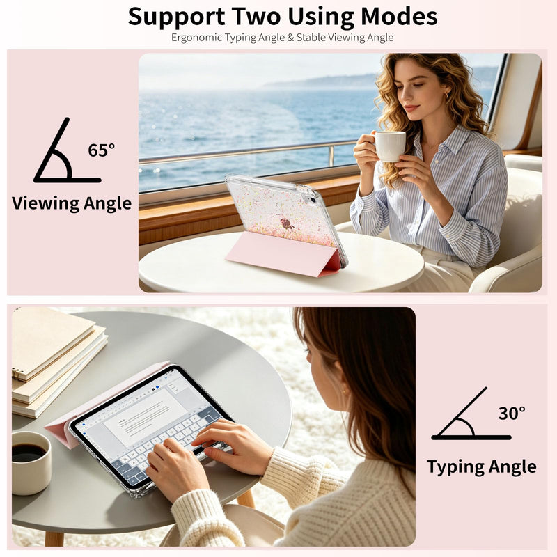 KenKe Case for iPad (A16) 11 Inch 2025/10th Gen 10.9 Inch 2022, Pink | with Pencil Holder, Hard PC Back Sand Cover, Flowing Glitter Cute Star on Transparent Back, Ultra-thin, Shockproof, Light