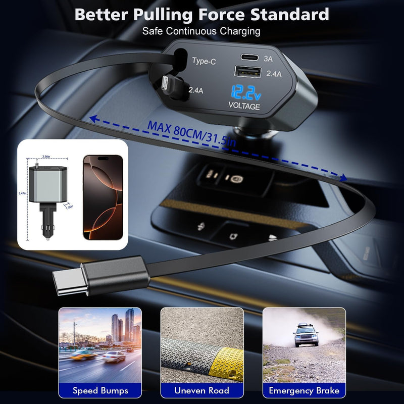 66W 4 in 1 Retractable Car Charger,2Pack Car Charger USB Fast Charge with Dual Retractable USB C Cable and Lightning Cable,USB C Port and USB A Port Charging Compatible with iPhone 17/16/15/14/13/12