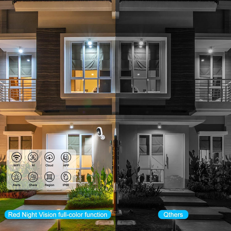 Cameras for Home Security: Battery Powered Outdoor Camera Wireless WiFi Home Surveillance with Spotlight & Siren Alarm 1080P Color Night Vision AI Motion Detection Sensor 2-Way Talk Cloud/SD White