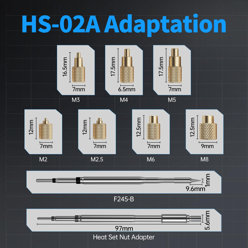 FNIRSI HS02 100W Corded Heat Set Insert Tool & Soldering Iron Kit，Adapter Powered, for 3D Printer, Plastic, Electronics Repair, 3 Preset Temps, 3S Fast Heating, M2-M8 Threaded Brass Insert Nuts