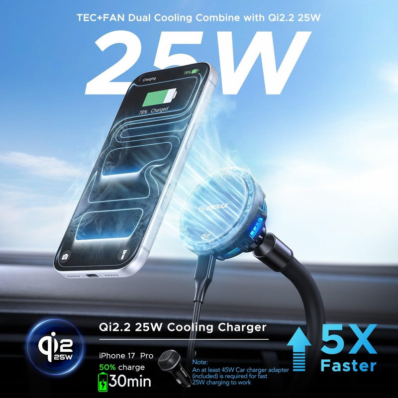 Qi2 25W Cooling Wireless Charger 15 Inch Cup Holder Phone Mount | 25W Fast Wireless Charging, 15" Gooseneck Cup Holder Mount, Cooling Fan, Stable Base, 45W Car Adapter Included