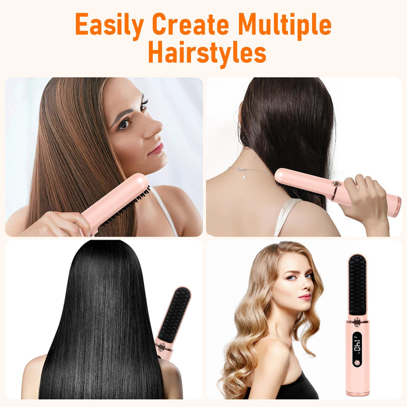 Cordless Hair Straightener Brush, Portable Hot Comb Hair Straightener Negative Ion Hair Straighteners Comb for Women 4 Temperature Beard Straightener Brush USB Rechargeable Anti-Scald Auto-Off