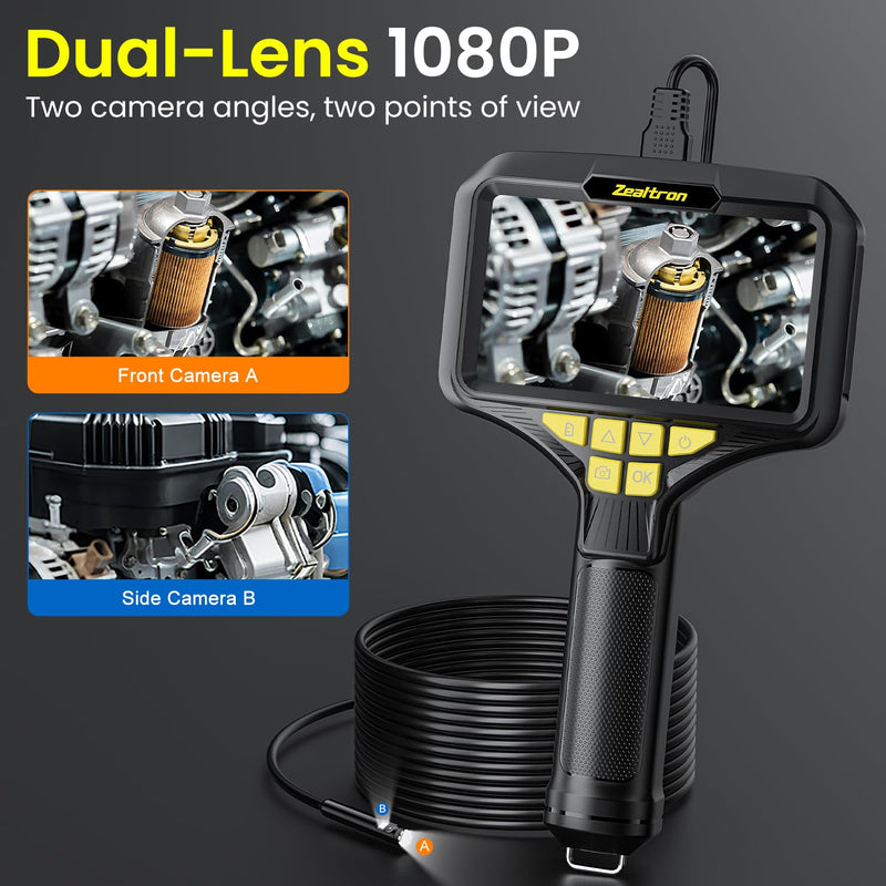 Dual Lens Endoscope Camera with Light, 5.0'' IPS Screen Inspection Camera, 1080P HD Handheld Borescope with 8 LED Lights, 7.9mm IP67 Waterproof Lens with 16.5ft Semi-Rigid Cable