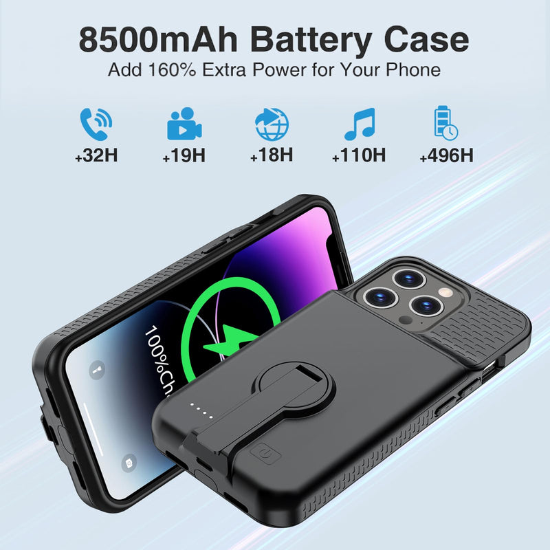 GIN FOXI Battery Case for iPhone 14 Pro Max/14 Plus/13 Pro Max/12 Pro Max, Rechargable Charging Case with Stand 8500mAh Portable Extended Case Cover for 14 Pro Max,14Plus,13/12Pro Max Black for 14px/13px/12px