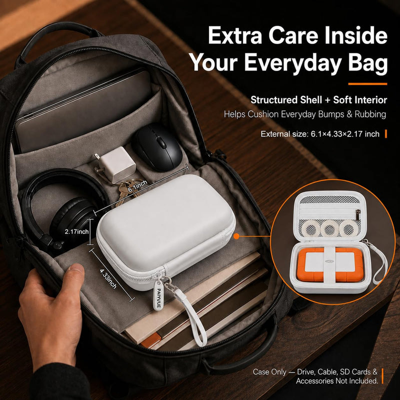 Hard Drive Case for LaCie Rugged Mini USB-C 1TB-5TB,Cable Storage White | Secure Elastic Hold-down,Divided Cable Storage and Wrist Strap for Photographers,Creators,Office and Travel,Case Only