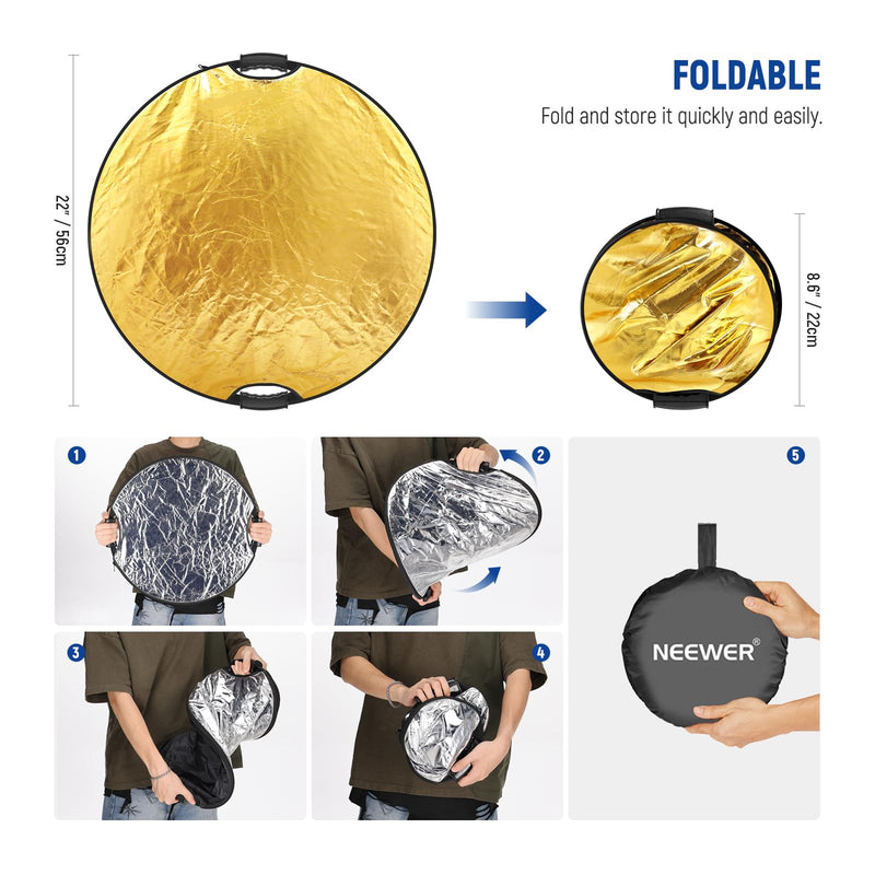NEEWER 22"/56cm Light Reflector with Clamp & Hand Grips, 5 in 1 Collapsible Multi Disc Photography Reflector Translucent/Silver/Gold/White/Black with 3/8" Thread for Studio Outdoor Lighting, RF-56II 56cm w/Clamp