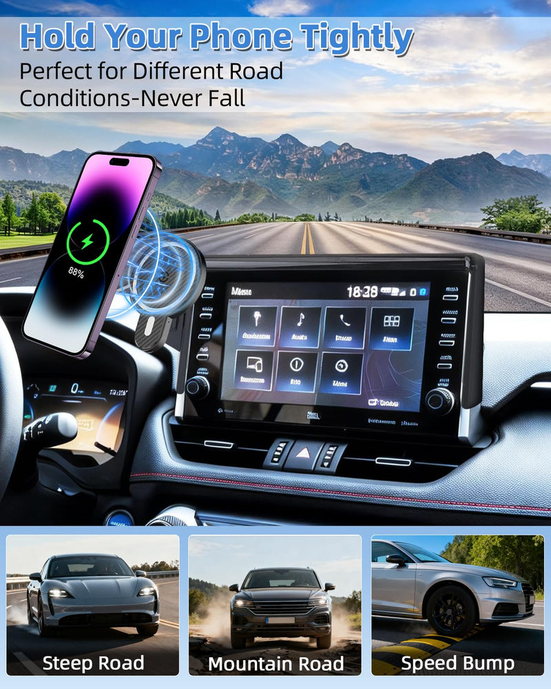PZK Car Phone Holder for Toyota RAV4 2019-2025 Accessories 7/8-Inch Screen | Hybrid LE/XLE Magnetic 15W Fast Wireless Charger RAV4 Car Phone Mount 360° Rotation Not Affect Vent (Not Fit 9/10.5'') RAV4 2019-2025 (7/8 inch) Magsafe+ Wireless Charger