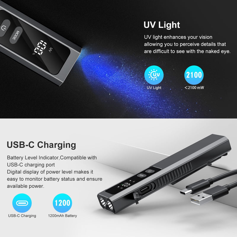 Rechargeable EDC Flat Flashlights, 5 IN1 PRO Flashlight with Green Beam, UV and White LED Combo, 800 Hight Lumens Pocket Lights with Magnet/Bag, Portable Light for Work and Emergency(Black) Black