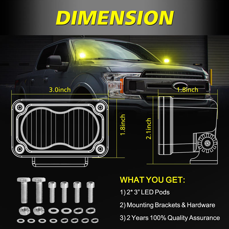Yellow LED Pods, 3 Inch Flood CREE LED Fog Lights 40W Yellow Small Chase Pod Lights Ditch Lights Off Road Driving Lights 2 Packs for Dirt Bike Motorcycle Truck UTV ATV SUV Surron