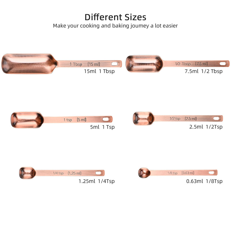 Copper Measuring Cups and Spoons Set 14, Stainless Steel Measuring Cups and Spoons set for Kitchen & Baking, 7 US & Metric Measure Cups & 6 Long Handle Spice Measuring spoons & 1 leveler Copper