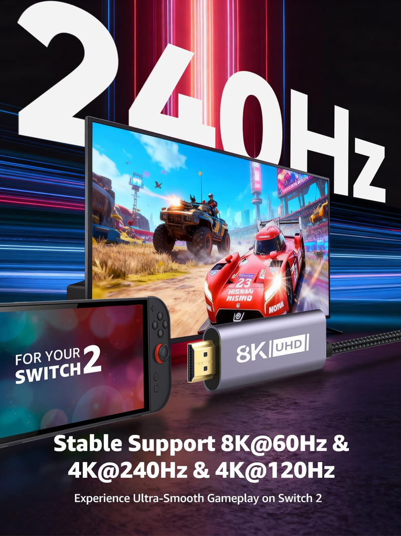 [V 22.5.0] Switch 2 Dock HDMI Cable 8K@60Hz 4K@240Hz/120Hz/60Hz,HDMI 2.1&48Gbps,100W PD USB C Charging,HDR10+,Portable&Travel TV Docking Station HDMI Adapter Compatible with Nintendo Switch 2/OLED/1 Grey