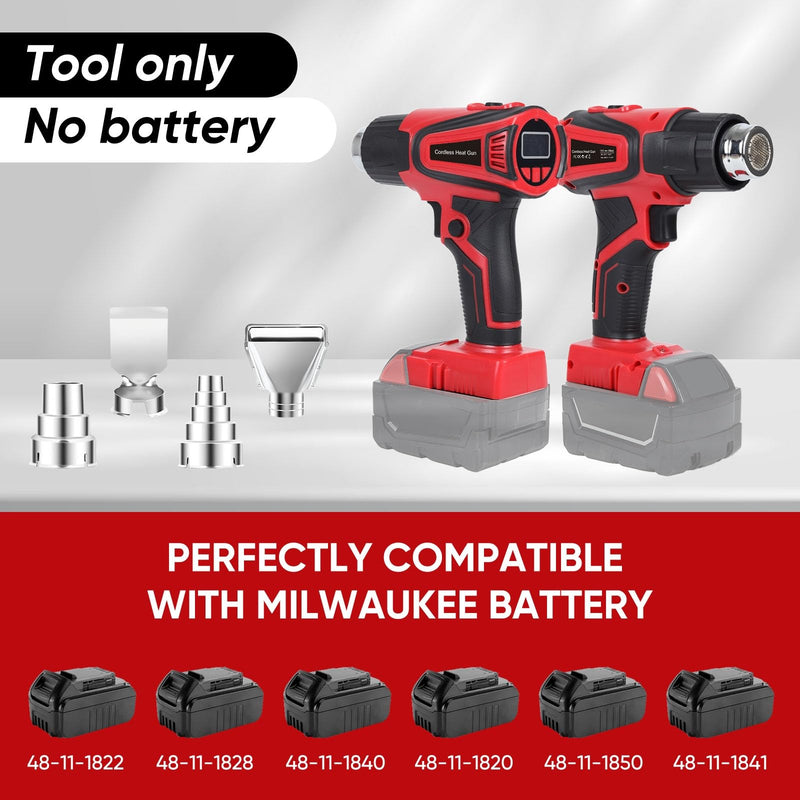 Cordless Heat Gun Compatible with Milwaukee M18 Battery, Fast Heating Variable Temp (122°F~1112°F) Hot Gun LCD Display and 4 Nozzle for Shrink Tubing, Resin, DIY(No Battery, Not Made by Milwaukee) Red Cordless Hot Gun