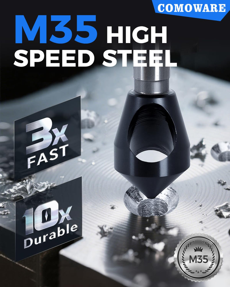 COMOWARE 4pcs TiAIN Coated Chamfer Tool M35 Chamfer Bit 90-Degree Countersink Drill Bit Set for Wood & Metal, Heavy Duty Countersink Bit SAE 1/4"-3/4", 2-5, 5-10, 10-15, 15-20mm M35 1/4"~1"