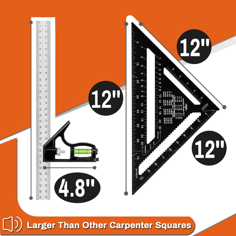 12" Advanced Rafter Square and Combination Square Set, 12 Inch Imperial Carpenter Square Woodworking Framing Square, Triangle Protractor Layout Ruler Tool