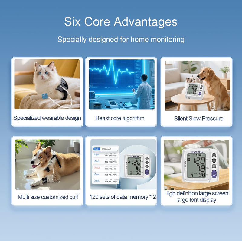 Wearable Pet Blood Pressure Monitor for Dogs & Cats, Oscillometric Home Monitoring Device with Adjustable Chest Strap, Multi-Size Cuffs, 240 Sets Memory for 2 Users, Large LCD Display
